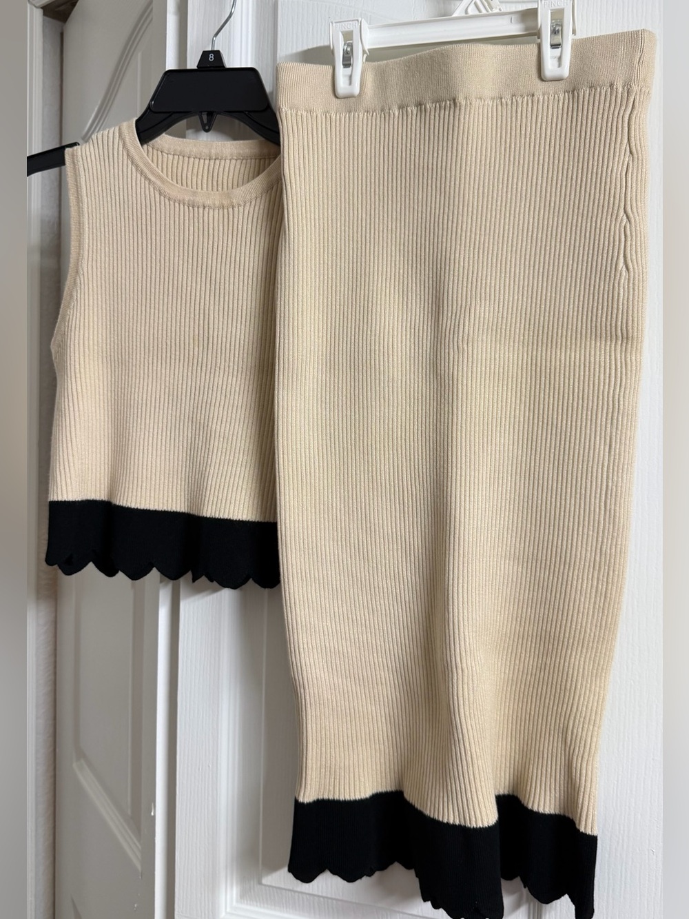 Kids Cream Knit Skirt and Top Set with Black Trim